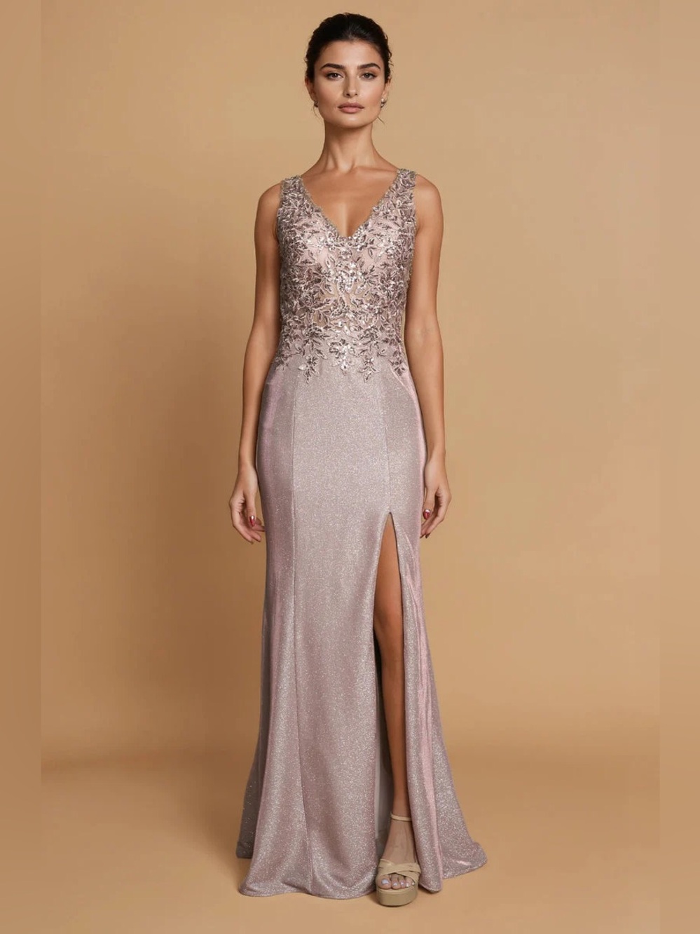 Sleeveless V-Neck Embellished Evening Gown in Blush